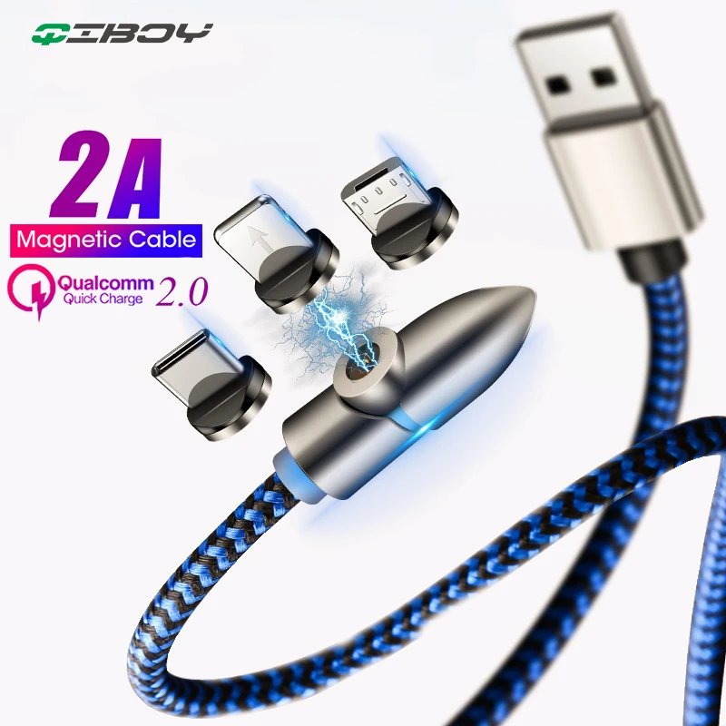 

QIBOY 2A Fast Magnetic Cable Micro USB Type C Charger Charging For iPhone X XS Max 7 Samsung S10 Magnet Android Phone Cable Cord