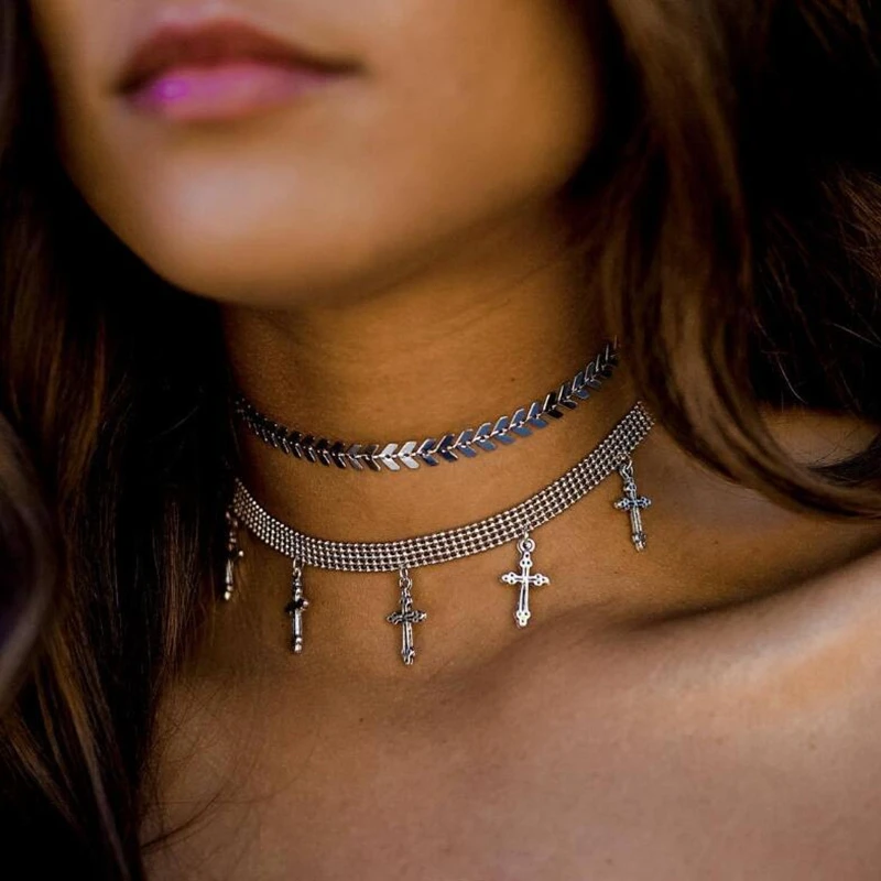 

2018 New Chain Choker Two Layers Necklaces Fishbone Airplane Shape Gold Color Cross Pendant Necklace Flat Maxi Chain Jewelry