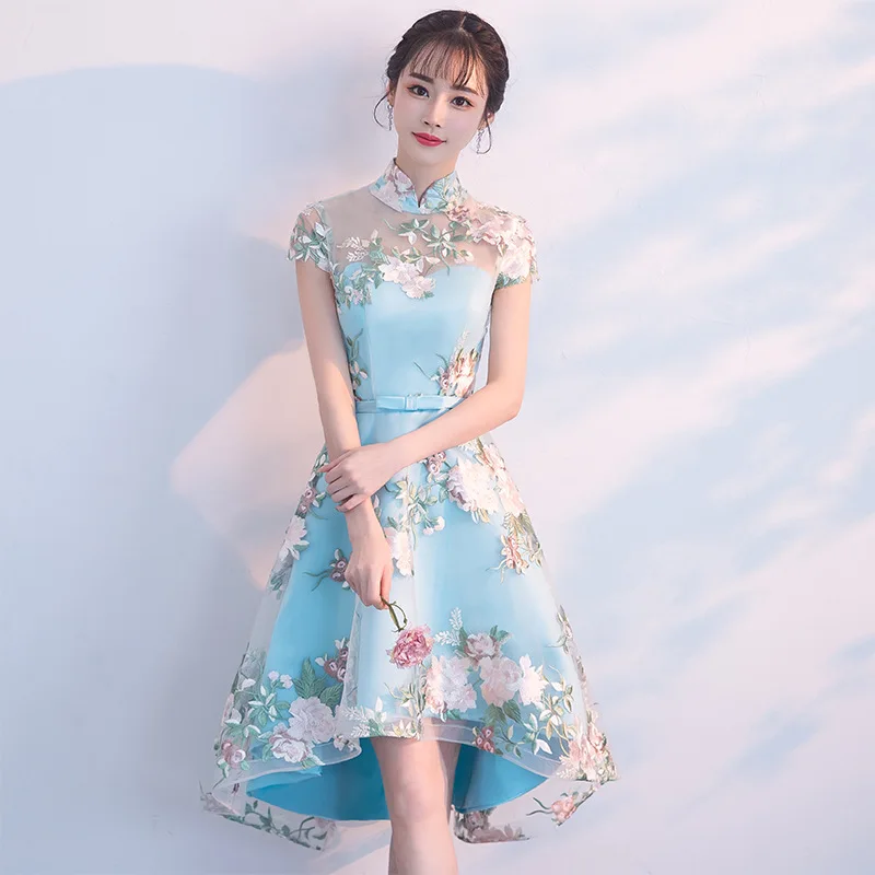 

Embroider Traditional Chinese Dress Qipao Ladies Evening Dresses Vintage Cheongsam Women Bride Short Lace Cheongsam Modern Dress