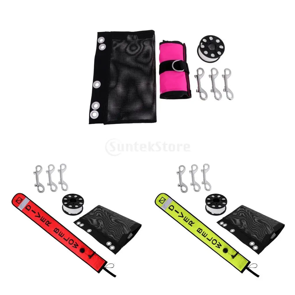 Professional Scuba Diving Diver Below Safety Sausage SMB Surface Marker Buoy, Finger Reel Guide Line Spool, 30m Line, Bolt Snap