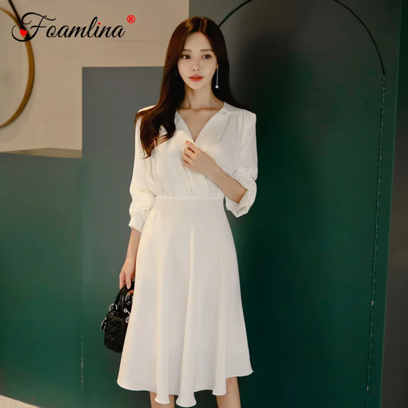 Foamlina Korean Fashion Women Autumn Dress White V Neck Long Sleeve ...