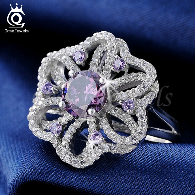 ORSA JEWELS Silver Color Women Ring With AAA Purple Zircon Paved Female Finger's Rings For Women Party Jewelry OR39