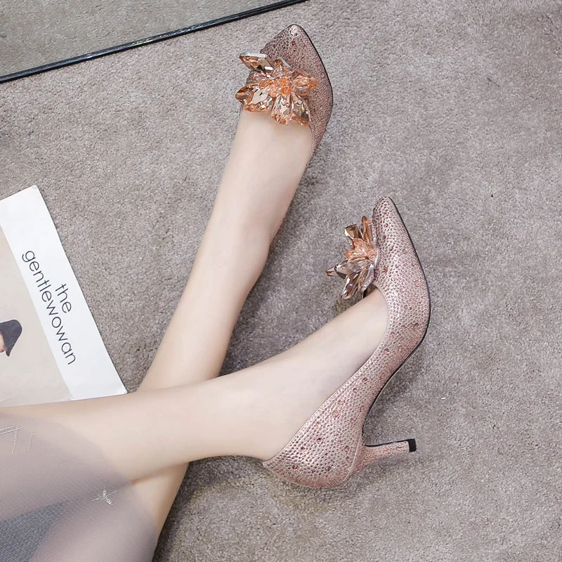Женские туфли-лодочки с украшением в виде кристаллов; женские туфли на высоком каблуке с острым носком, Украшенные бусинами и жемчугом; вечерние туфли для подружки невесты - Цвет: rose gold 5cm