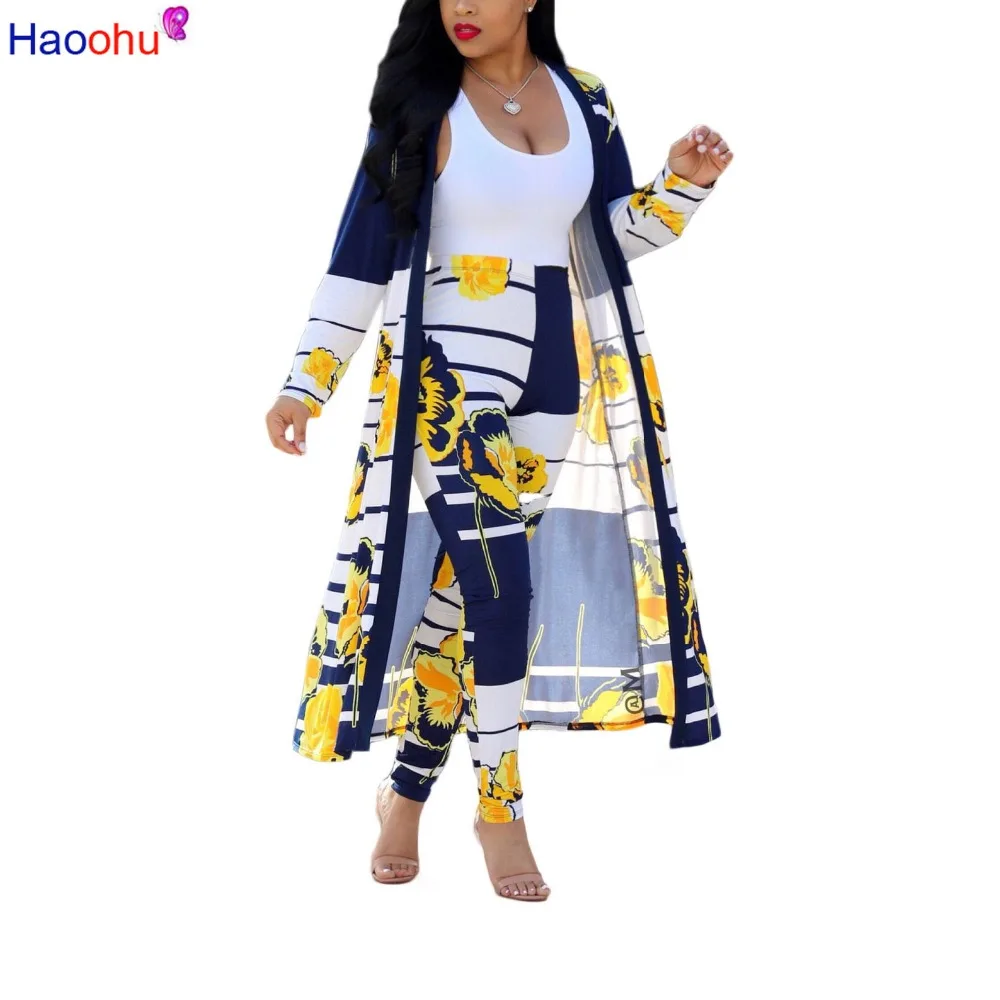 

Blue Yellow Floral Print Sexy Two Piece Set Women Summer Full Sleeve Striped Maxi Open Stitch High Waist Long Trouser Outfit