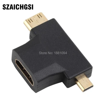 

SZAICHGSI 3 in 1 HDMI Female to Mini HDMI Male + Micro HDMI Male Adapter Metal/Plastic Connector Black wholesale 100pcs/lot