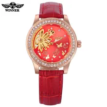 2016 GANADOR mecánicos mano de viento relojes de las mujeres de señora fashion casual rhinestone skeleton dial analógico de pulsera correa de cuero