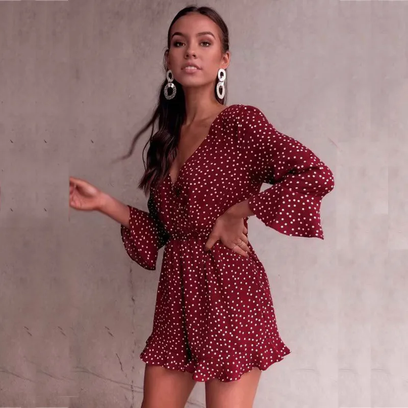 yinlinhe Red Polka Dot Playsuit Women Long Sleeve V neck Sexy Short Jumpsuit Summer Backless Lace Up Bow Boho Elegant Romper 6