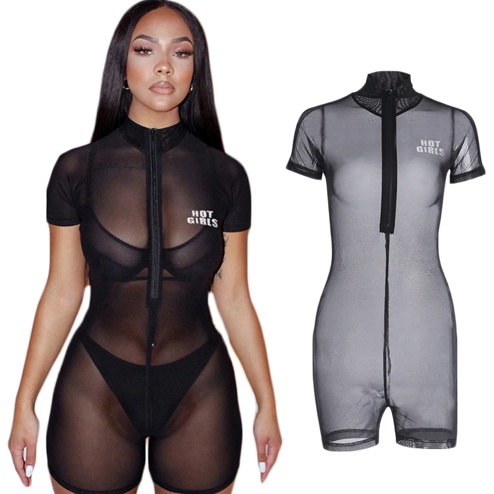 

Sexy Women's See Through Sheer Mesh Zipper Jumpsuit Shorts Beach Bikini Cover Up