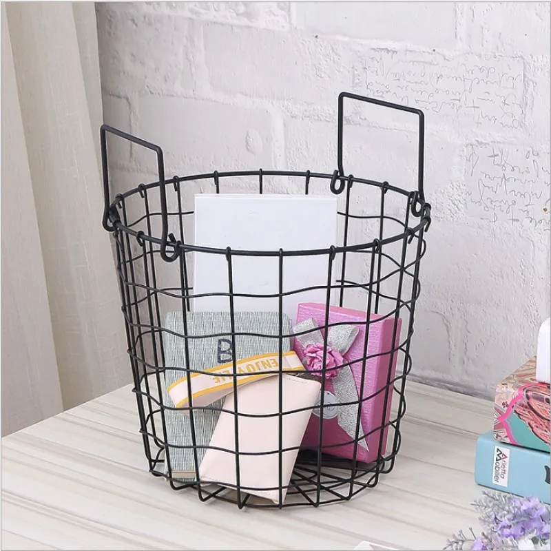 Black Home Storage Basket Geometric Iron Metal Wire Round Tray Magazine Post Flowers Organization Case with Handle