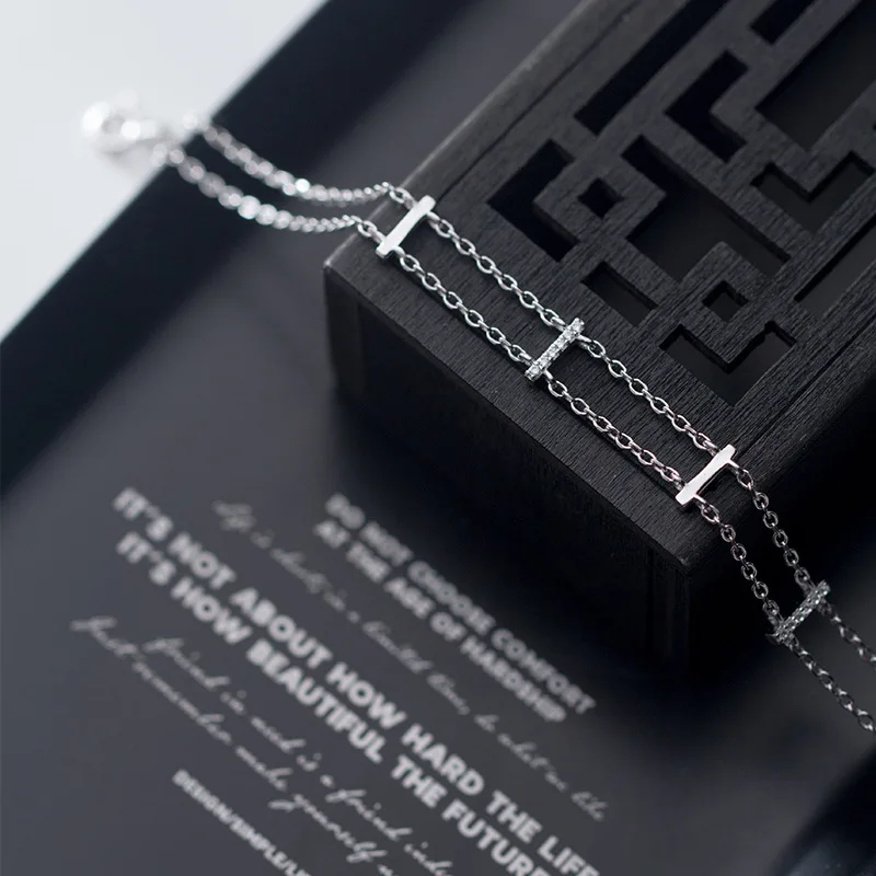 

fashion Slim Thin Authentic REAL. 925 Sterling Silver Double Rows/ Multi-layers Straight Bar geometric chain Bracelet GTLS782