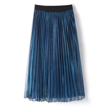 Модные женские плиссированные длинные юбки вечерние Клубные Серебристые юбки металлик плотные дышащие летние стильные эластичные юбки с высокой талией женские