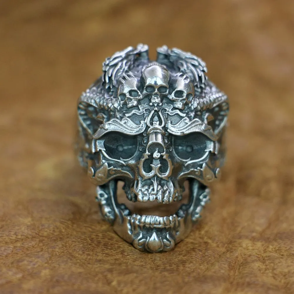 

LINSION 925 Sterling Silver High Details Dragon Skulls Ring Mens Biker Ring TA132 US Size 7~15