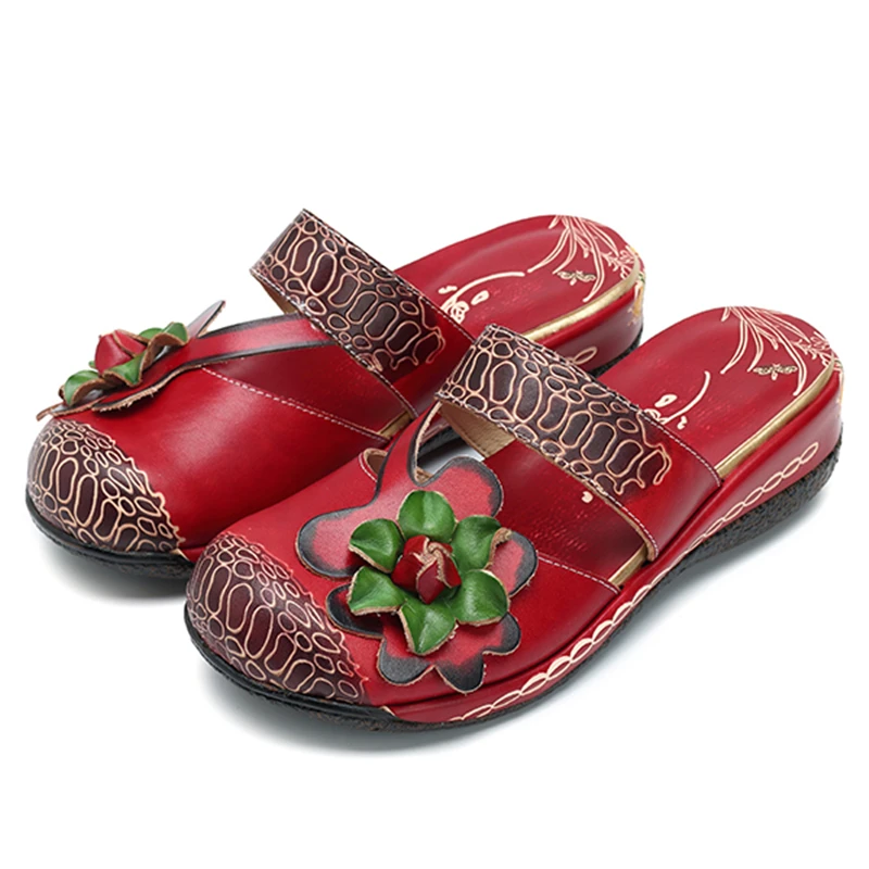 Socofy/Винтажные богемные шлепанцы; пляжная женская обувь из натуральной кожи; летняя повседневная обувь; весенние шлепанцы в стиле ретро с круглым носком; шлепанцы - Цвет: Красный