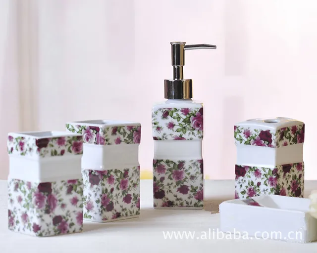 5 Pcs Red Rose Pattern Ceramic Bathroom Set Toiletries Toothbrush 5 Pcs Red Rose Pattern Ceramic Bathroom Set Toiletries Toothbrush Holder Soap Dispenser Tooth Mug