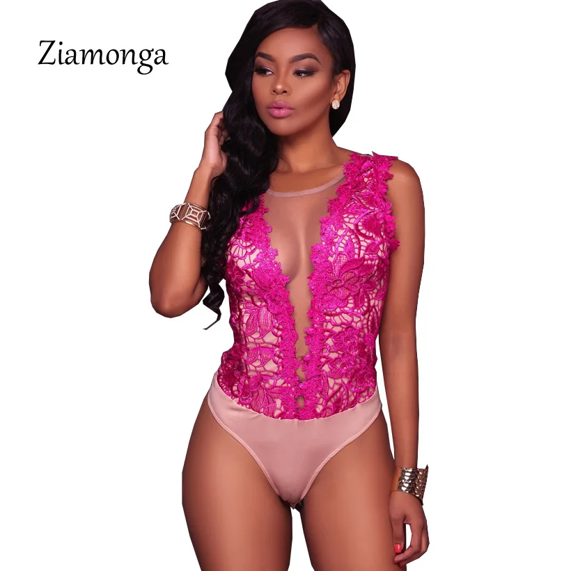 Ziamonga S-XXL, сексуальный черный кружевной комбинезон, женские сетчатые комбинезоны, комбинезон с открытой спиной и вышивкой, женские облегающие шорты, комбинезоны - Цвет: Rose Red