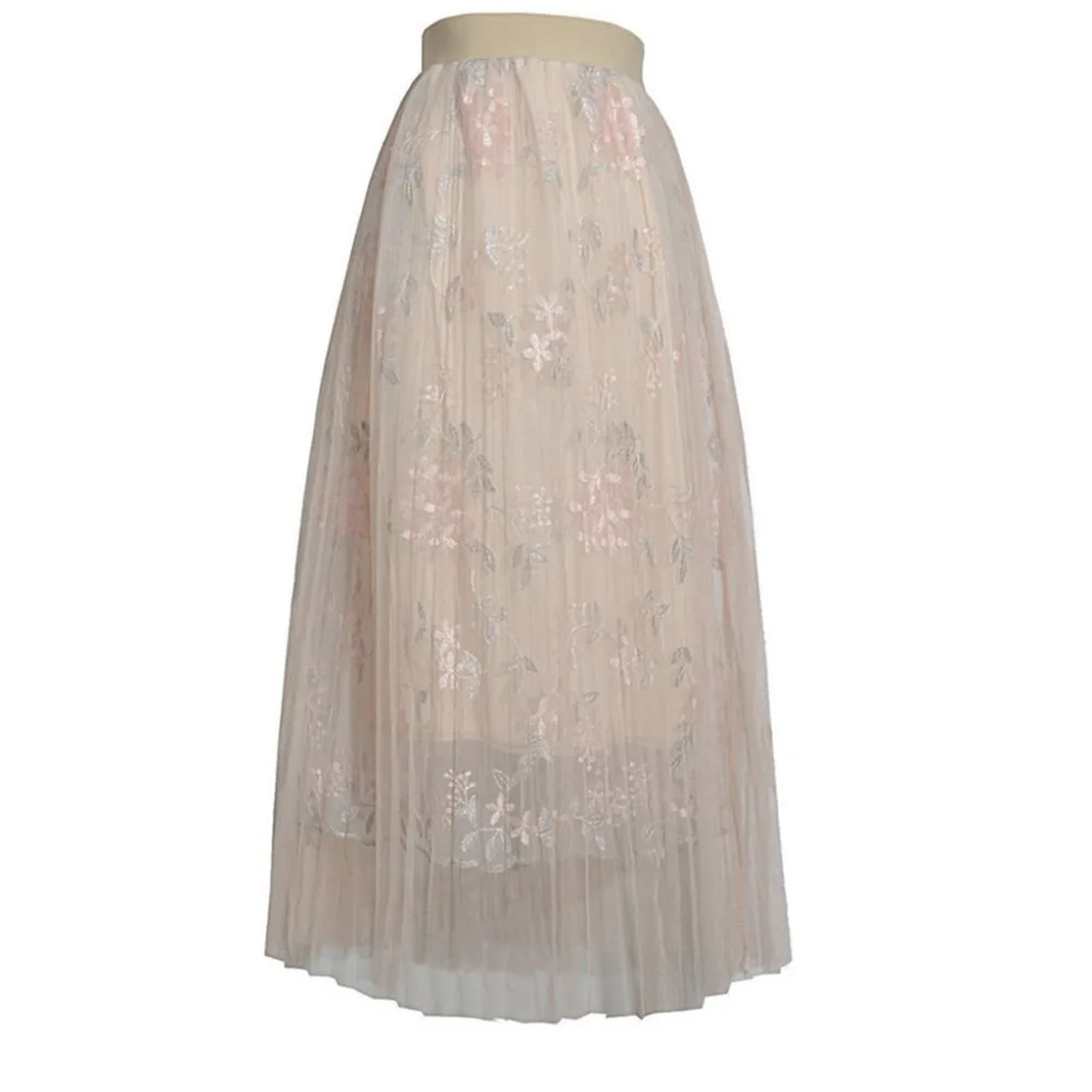 

Women Girls Big Swing Tulle Pleated Skirts Embroidery Long Maxi Tutu High Waist summer Net tulle Skirt jupe femme hiver 2019*XSL