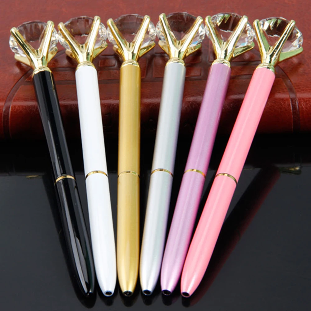 

6PCS Big Carat Diamond Crystal Pen Gem Ballpoint Pen Ring Wedding Office Metal Ring Roller Ball Pen Fashion School Office Supp