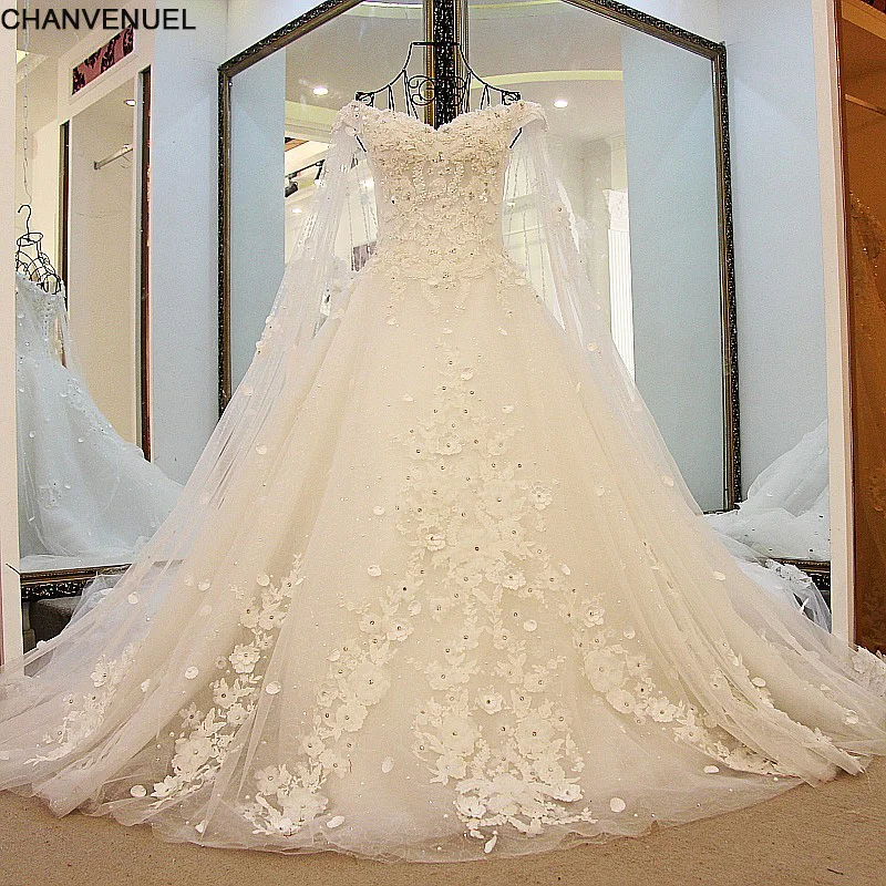 

LS41596 Luxury Wedding Dresses Princess with Long Cape Ivory Bridal Gowns Corset Back Robe De Mariee 2017 Real Photos