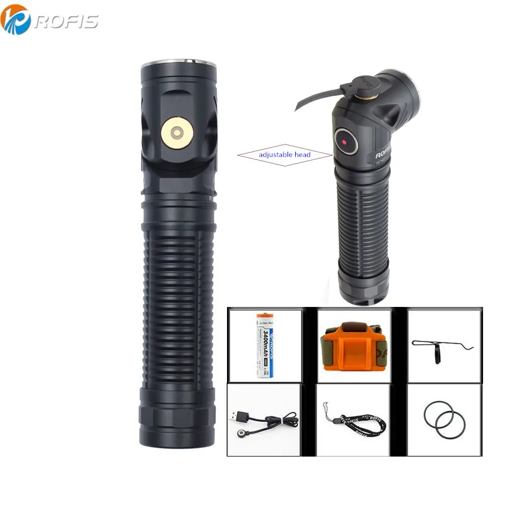 

Rofis R3 Flashlight CREE XM-L2 U3 LED max. 1250lm beam distance 194 meter adjustable head Magnetic Charging torch with battery