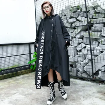 

Johnature 2020 Autumn New Plus Size Fashion Women Trench Coat Hooded Button Irregular Patchwork Animal Loose Cardigan Coats