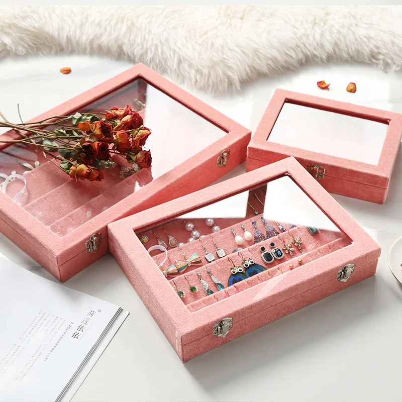 

Jewelry Storage Boxes Korean Simple Fashion Dustproof Transparent Earring Case Peach Red Flock Glass Material Earring Organizer