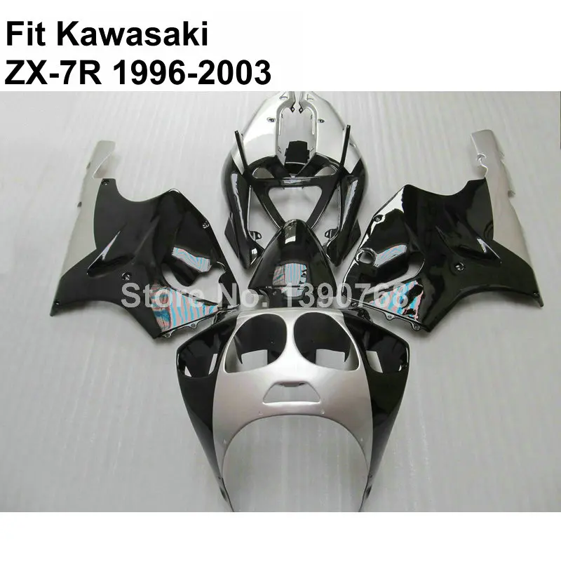 

free custom fairing kit for Kawasaki ninja ZX-7R 96-03 silver black fairings zx7r 1996-2003 OI21