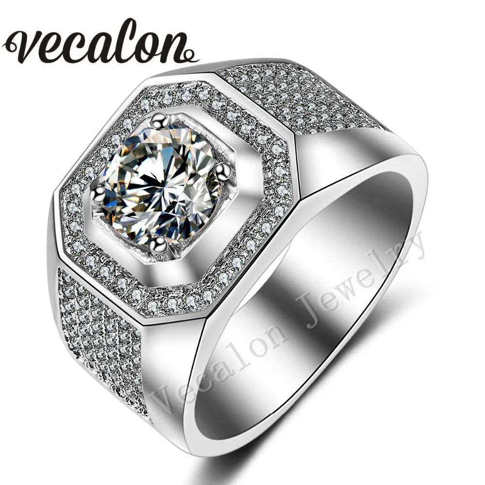 Image Vecalon Men Engagement Band ring Solitaire 3ct AAA Cz AAAAA Zircon stone 10KT White Gold Filled Wedding Ring for Men Sz 7 13