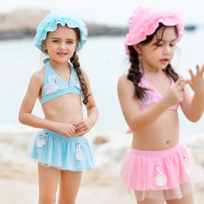 Бикини для девочек, комплект из 3 предметов с шапочкой, милый розовый детский купальный костюм с лебедем для детей 1-10 лет, новинка года