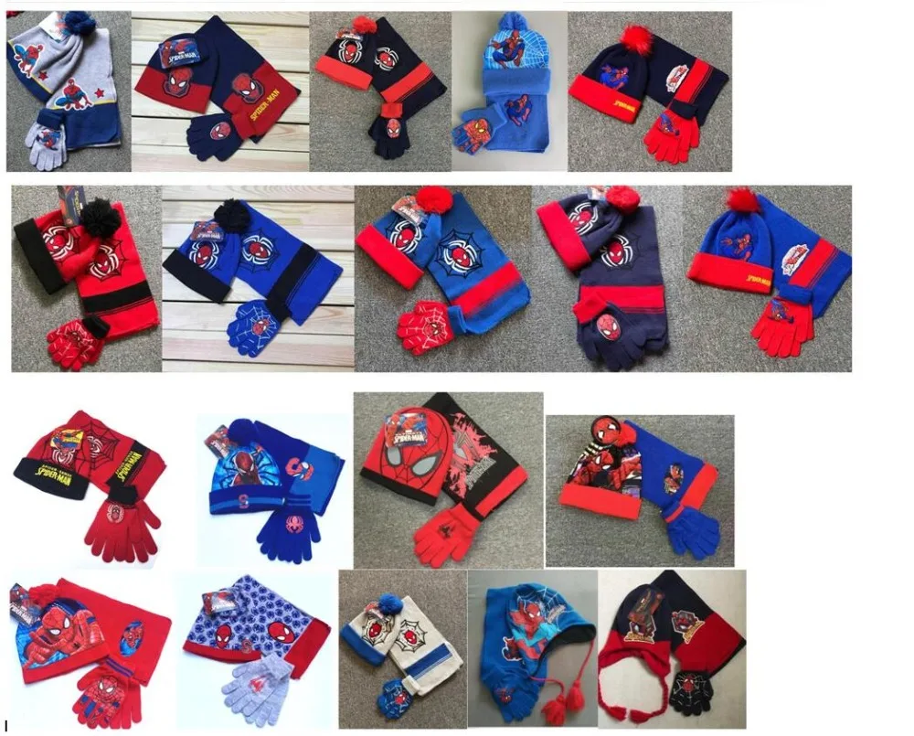 

1set red avengers Spiderman knit beanie hat children Christmas winter knitted scarf gloves hat set party kids gifts 2-8Y