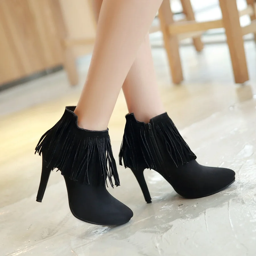 

Big Size 11 12 13 14 Euro-American fashionable short boots with pointed thin heel and fringed side zipper