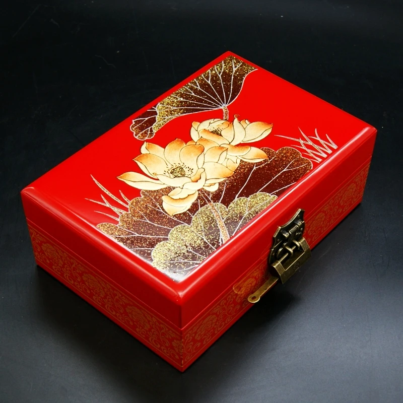 Jewelry Box Antique Storage Boxes Bins Chinese Lacquerware Lacquer Arts with Lock Wooden Wedding Gift Red Blue Black