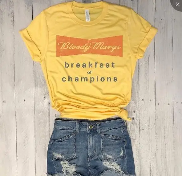 

New Women Fashion Casual Short Sleeve Breakfast Of Champions T-shirt Yellow Letter Print Old Styel O-neck Tshirt Female Top Tee
