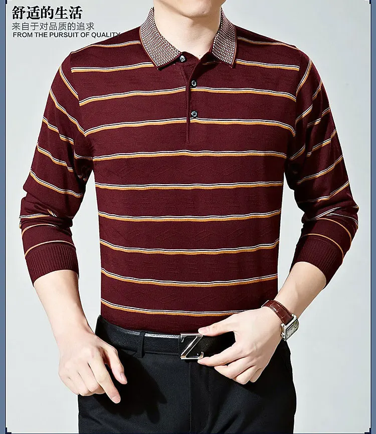 Осенне-зимний теплый свитер мужской вязаный кашемировый шерстяной пуловер для мужчин полосатый отложной воротник рубашки плюс размер XL XXL