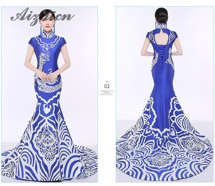 Sirena estilo восточные vestidos de noche largo vestido chino для женщин Qipao Negro Dragón ropa Cheongsam disemino personalizado