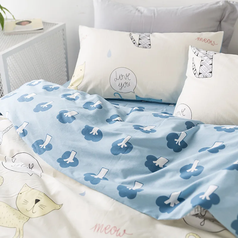 Waliicorners Cartoon 100% Cotton Bedding Set cute cat Duvet Cover Sets Soft Bed Linen Flat Bed Sheet Set Pillowcase 4PCS bed cover 73 5T6A5438