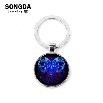 

SONGDA 12 Constellation Galaxy Artistic Image Keychain Libra Scorpio Sagittarius Glass Gem Pendant Key Ring Zodiac Birthday Gift