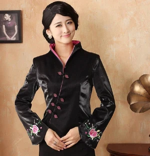 Осень зима Китайская традиционная Женская куртка с вышитыми цветами пальто теплая M L XL XXL 3XL 4XL WKH2014-19 - Цвет: black