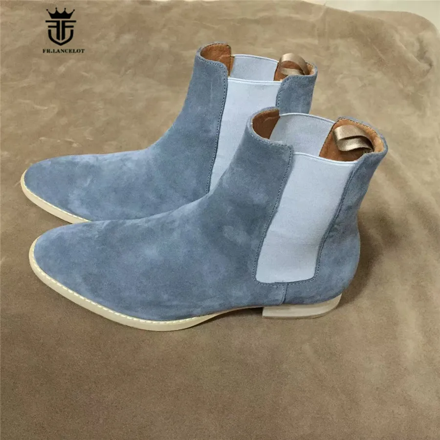 

Slip on Wedge Comfortable Gray/Dark Blue Suede Leather Chelsea Boots Ponited Toe Denim Handmade Dress Boots