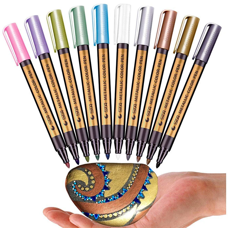 

10pcs/set STA Metallic Silver Purple Gold Marker Arts Metallic Pen Black Paper Rock Painting Photo Album Marker Washi Tape