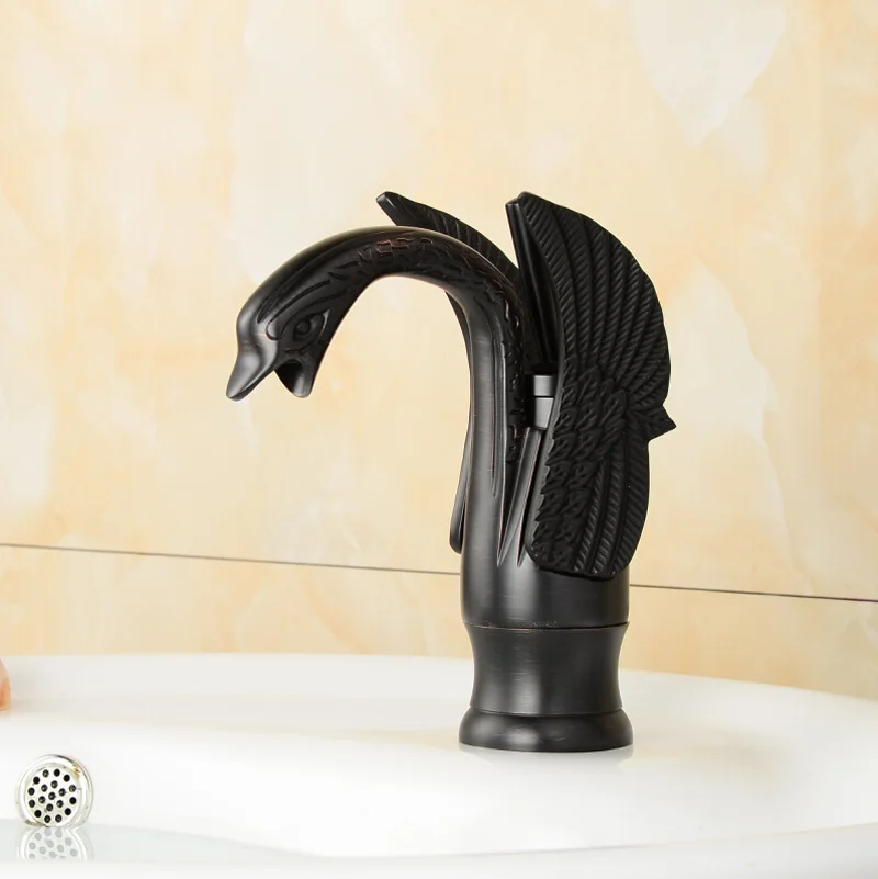 Oil Rubbed Bronze Swan Basin Vanity Sink Mixer Faucet Deck Mount One Hole Water Taps with