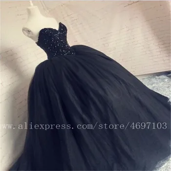 

Black Strapless Ball Gown Wedding Dress Lace Up Back Bridal Gown With Long Wedding Veil Custom Size Color