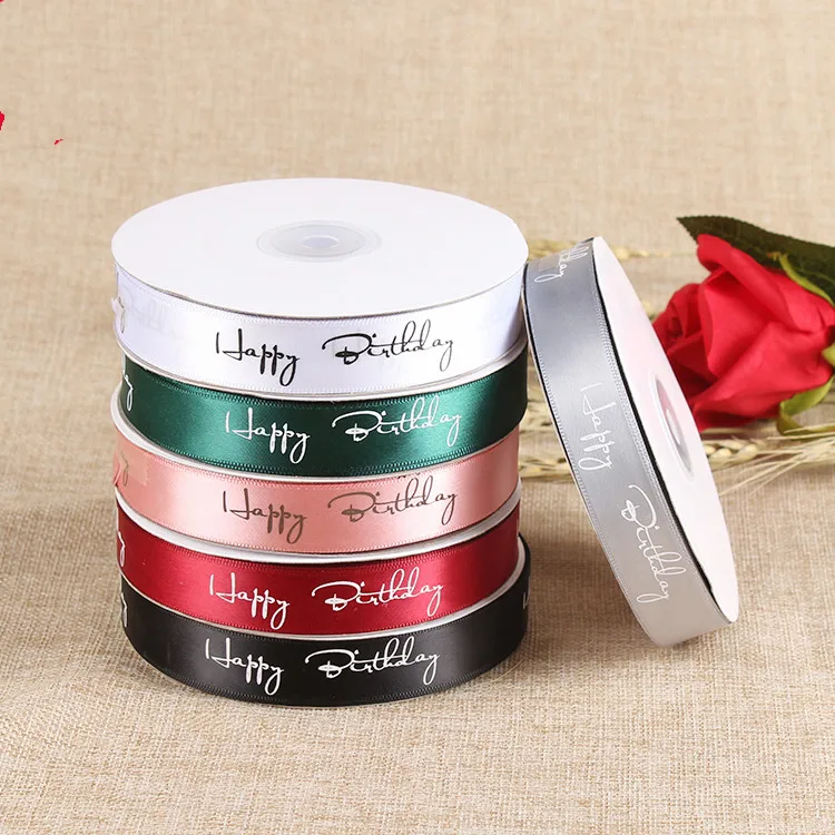 

Hot (45meters/lot) 2CM Letter Happy Birthday Printed Satin Ribbon Packing Material DIY Craft Decor Party Gifts package Wrapping