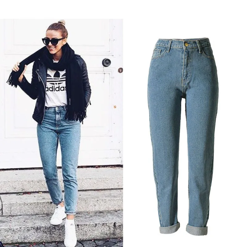 Jeans High-Waist treet Style Summer Loose Pencil Light Blue Color Denim Full Lemgth Boyfriend Jeans For Women Pencil Blue Jeans