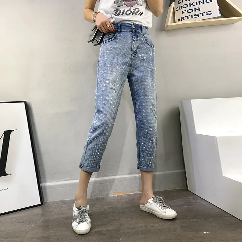 

regular fit vintage wash hot fix artificial stone glitter stone denim blue jeans cross pants trousers for ladies women girls