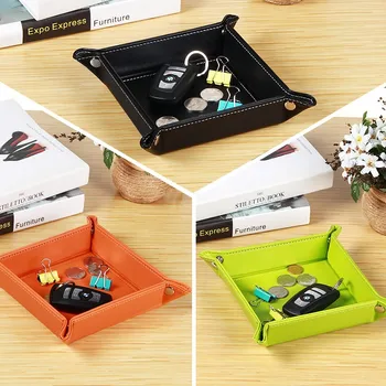 

PU Leather Change Coin Key Trinket Tray, Desk Jewelry Makeup Storage Box Valet Folding Tray for Pen Phone Wallet CD Organizer