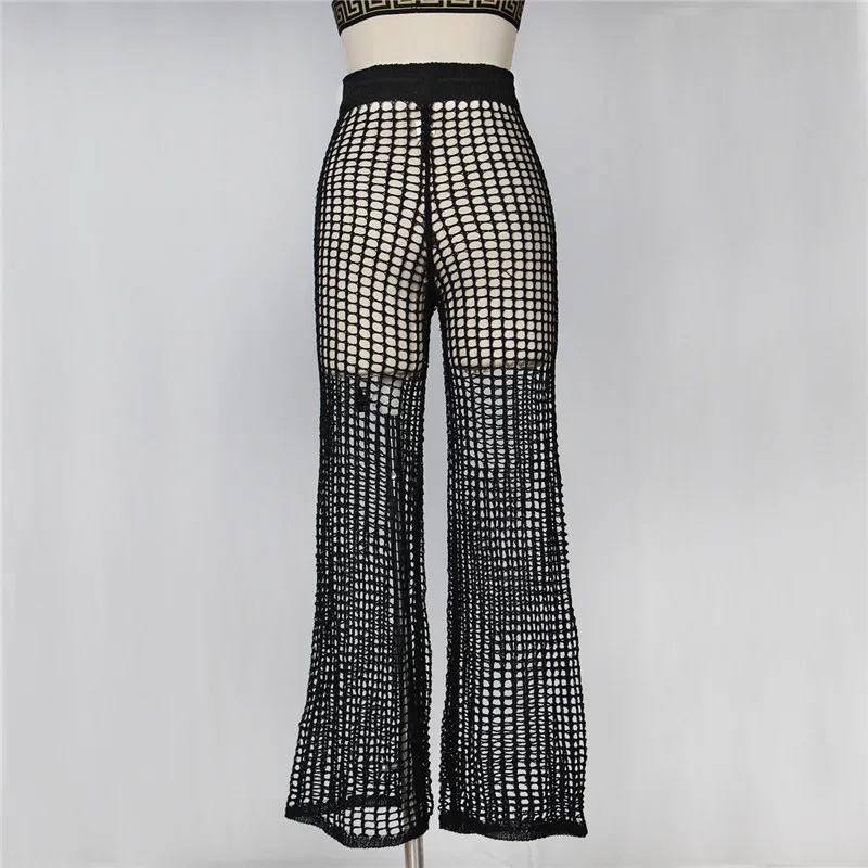 Adogirl Women Beach Flare Pants Solid Knitted Hollow Out Fishnet Wide Leg Pants High Waist Lace Up Sashes Night Club Trousers