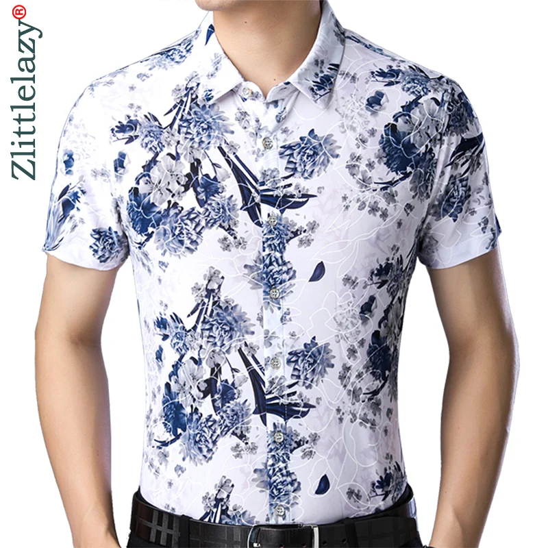 2019 брендовая Повседневная летняя обувь с коротким рукавом slim fit Цветочная гавайская рубашка Мужская Уличная социального платье мужские