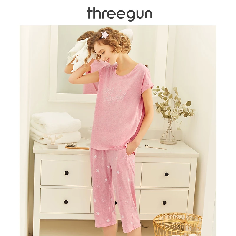 THREEGUN 2019 новые свободные рубашки брюки Новая мода Милая одежда для сна Повседневное Домашняя одежда женская пижама с принтом короткий рукав