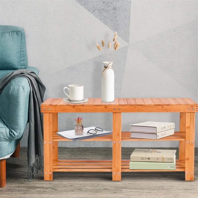 Elegant Entryway Two Tier Shelves Sturdy Natural Bamboo Shoe