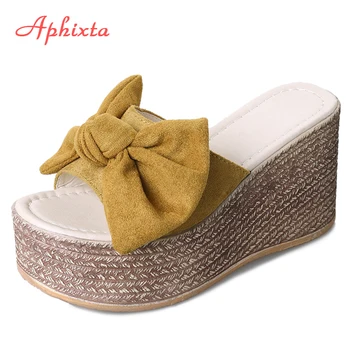 

Aphixta Summer Women Wedge Slippers Platform Appliques Butterfly-knot Beach Antiskid Female Sandals Clog Shoes Slides Women